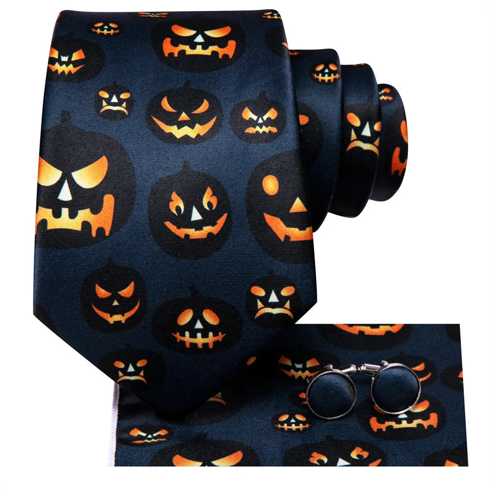 Hi-Tie Halloween Dark Blue Orange Jack-O-Lantern Necktie Pocket Square Cufflinks Set