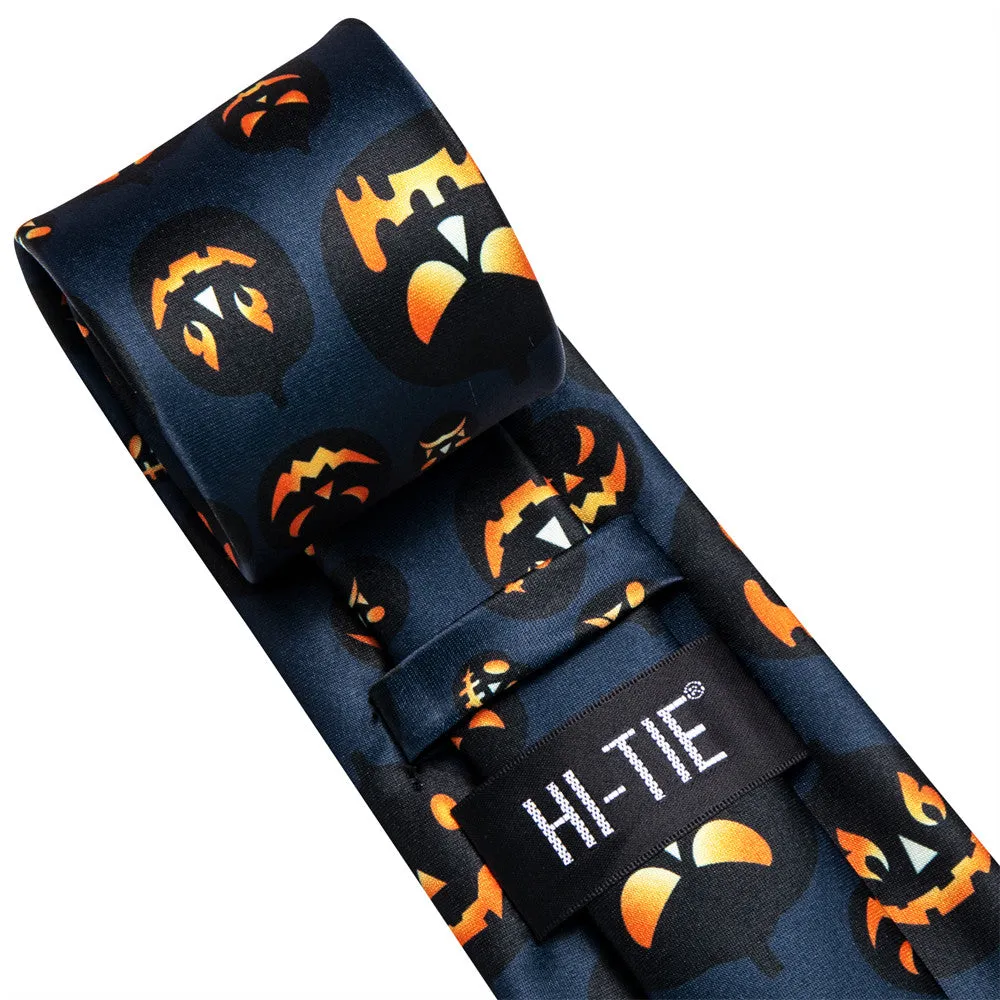 Hi-Tie Halloween Dark Blue Orange Jack-O-Lantern Necktie Pocket Square Cufflinks Set