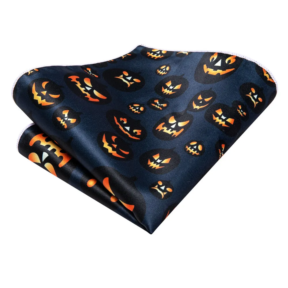 Hi-Tie Halloween Dark Blue Orange Jack-O-Lantern Necktie Pocket Square Cufflinks Set