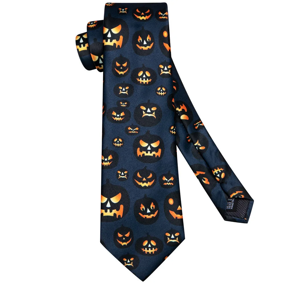 Hi-Tie Halloween Dark Blue Orange Jack-O-Lantern Necktie Pocket Square Cufflinks Set