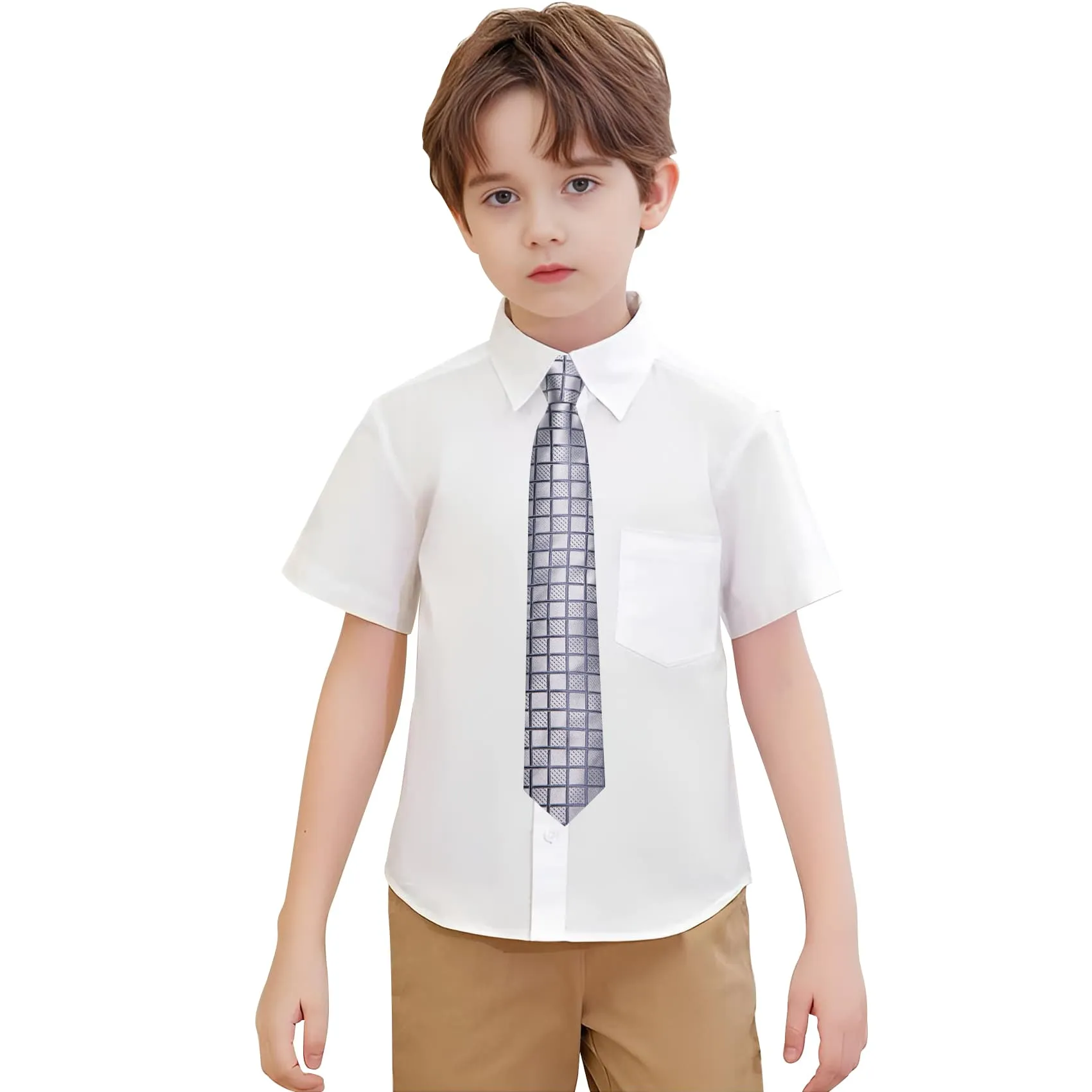 Hi-Tie Light Grey Boys Neckties Plaid Adjustable Kids Tie Hanky Set