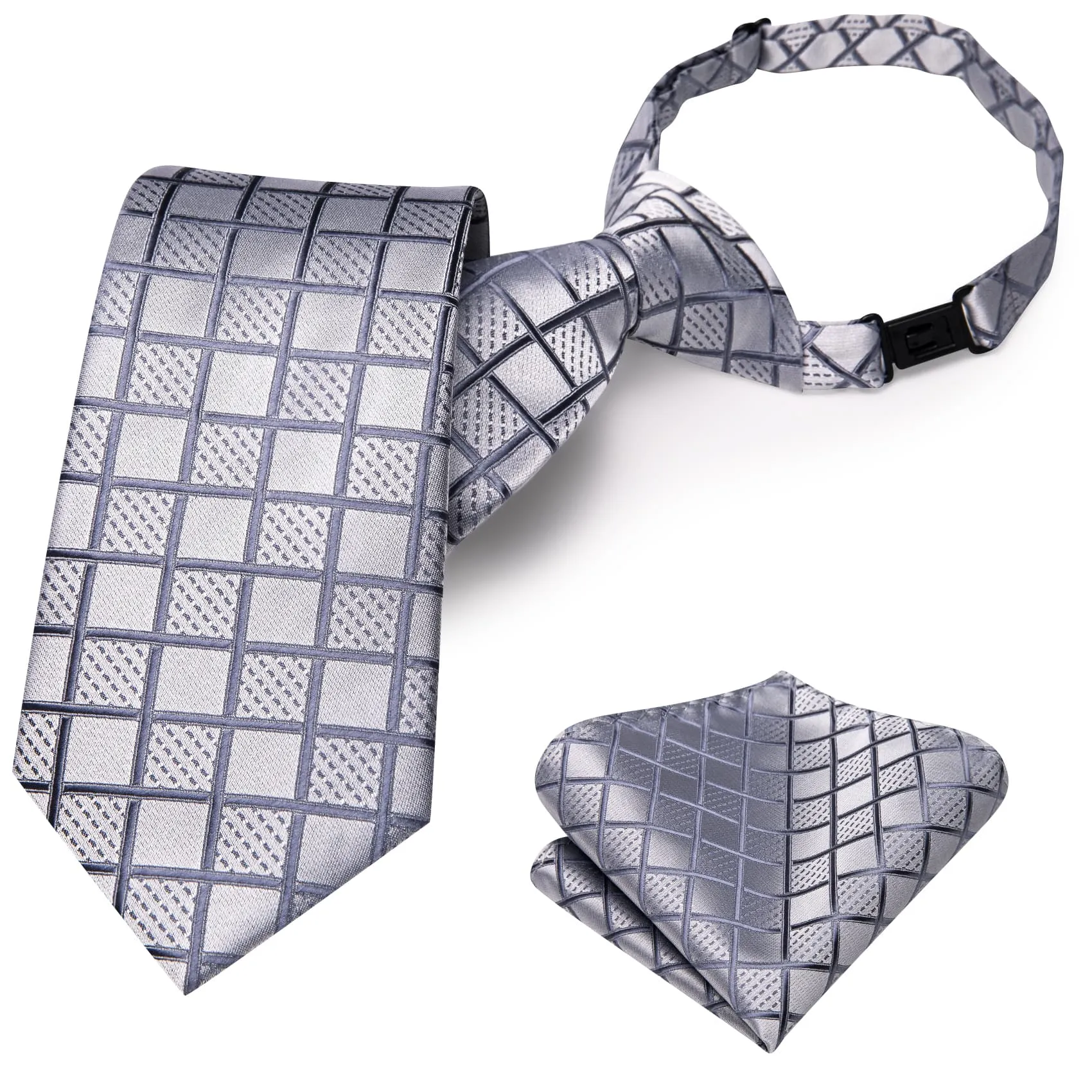 Hi-Tie Light Grey Boys Neckties Plaid Adjustable Kids Tie Hanky Set