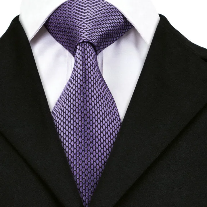 Hi-Tie Men's Purple Necktie Geometric Solid Tie Hanky Cufflinks Set