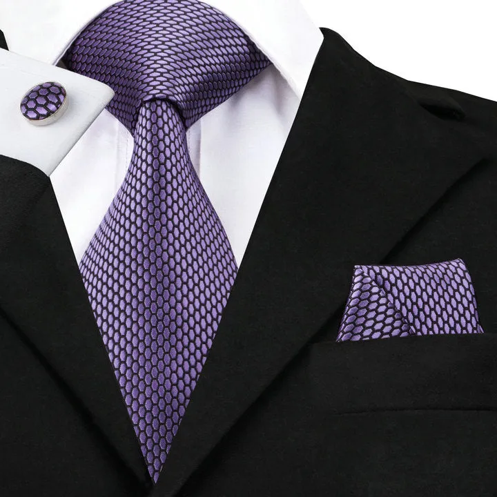 Hi-Tie Men's Purple Necktie Geometric Solid Tie Hanky Cufflinks Set