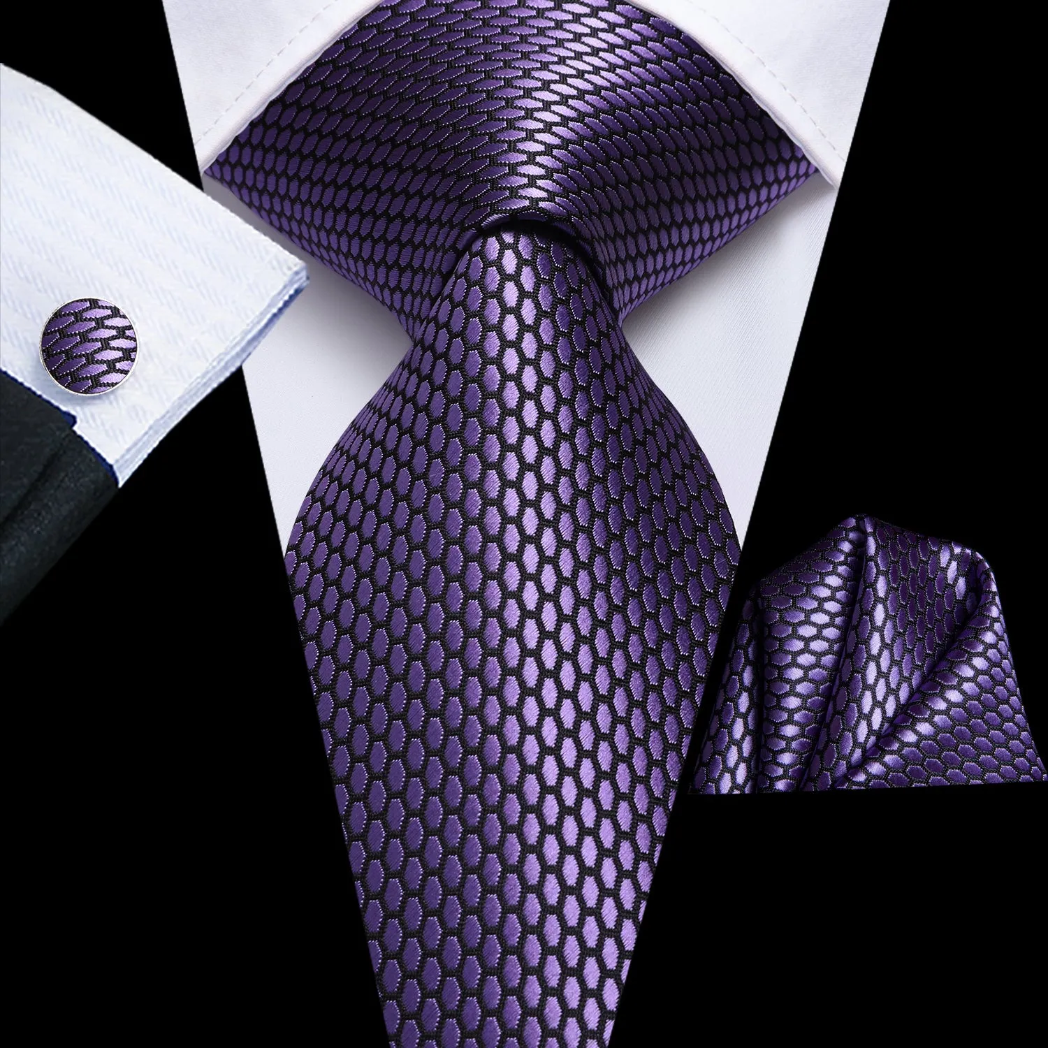 Hi-Tie Men's Purple Necktie Geometric Solid Tie Hanky Cufflinks Set