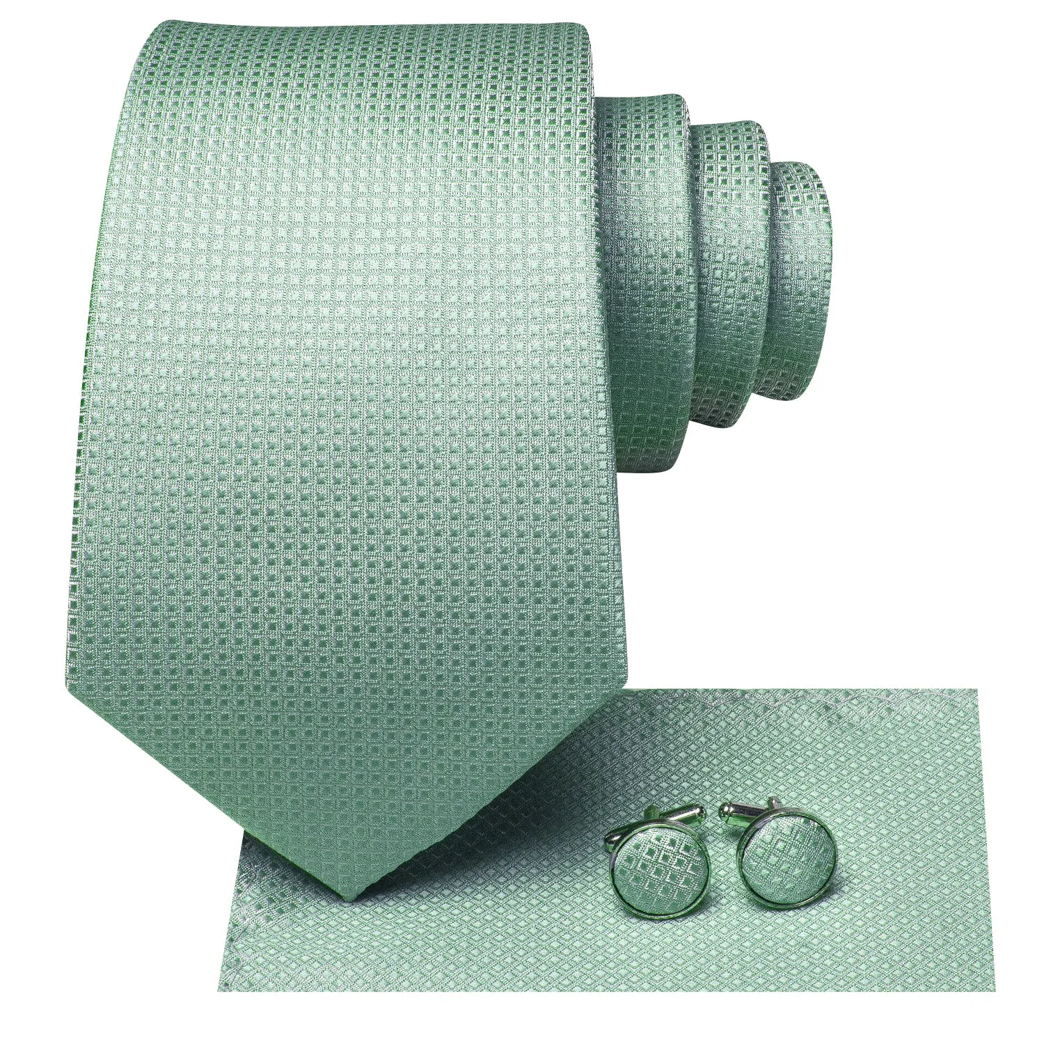 Hi-Tie Mint Greed Novelty Plaid Silk Tie Pocket Square Cufflinks Set