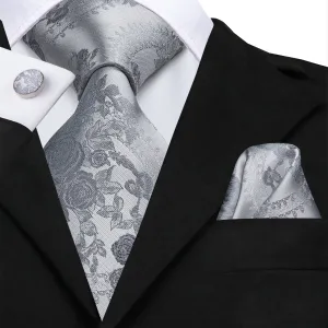 Hi-Tie Silver Grey Jacquard Rose Floral Tie Pocket Square Cufflink Set