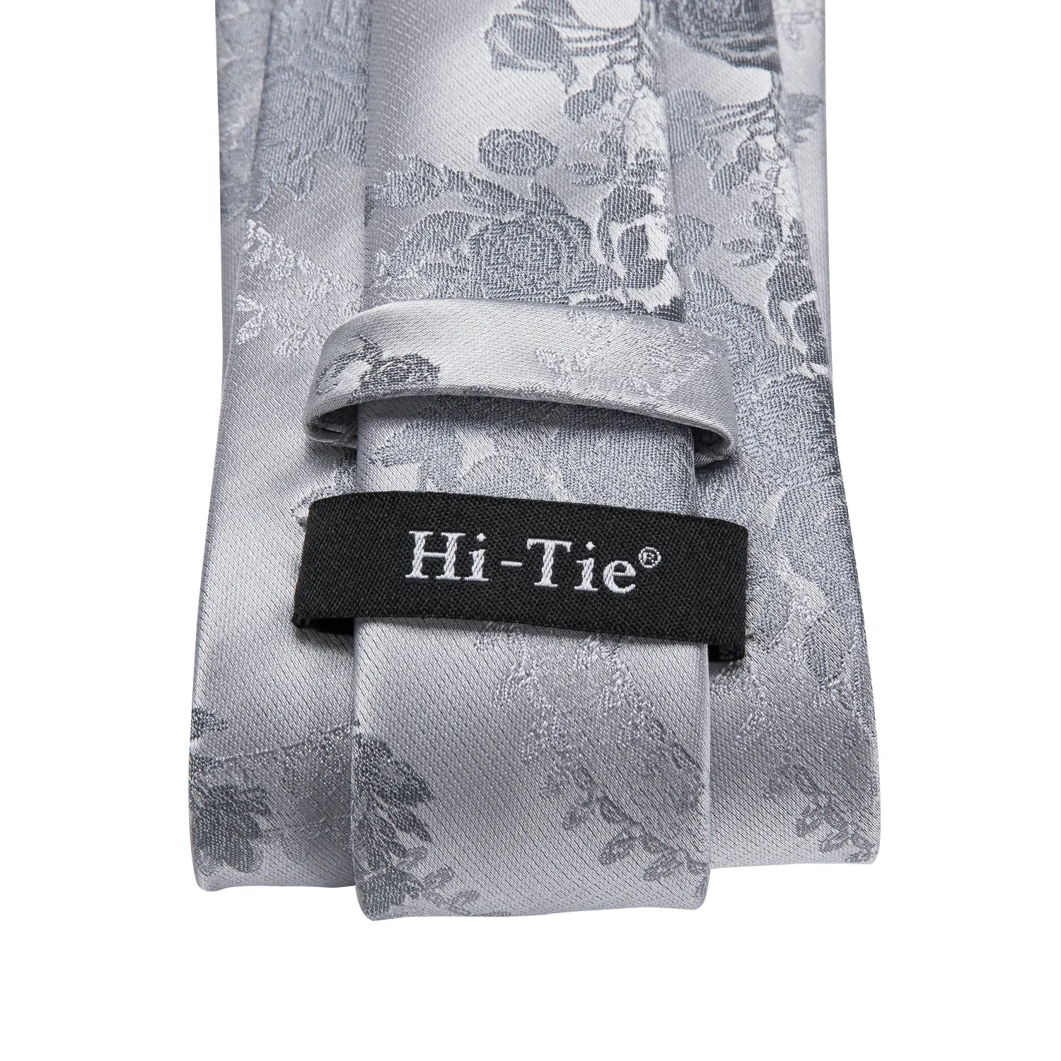 Hi-Tie Silver Grey Jacquard Rose Floral Tie Pocket Square Cufflink Set