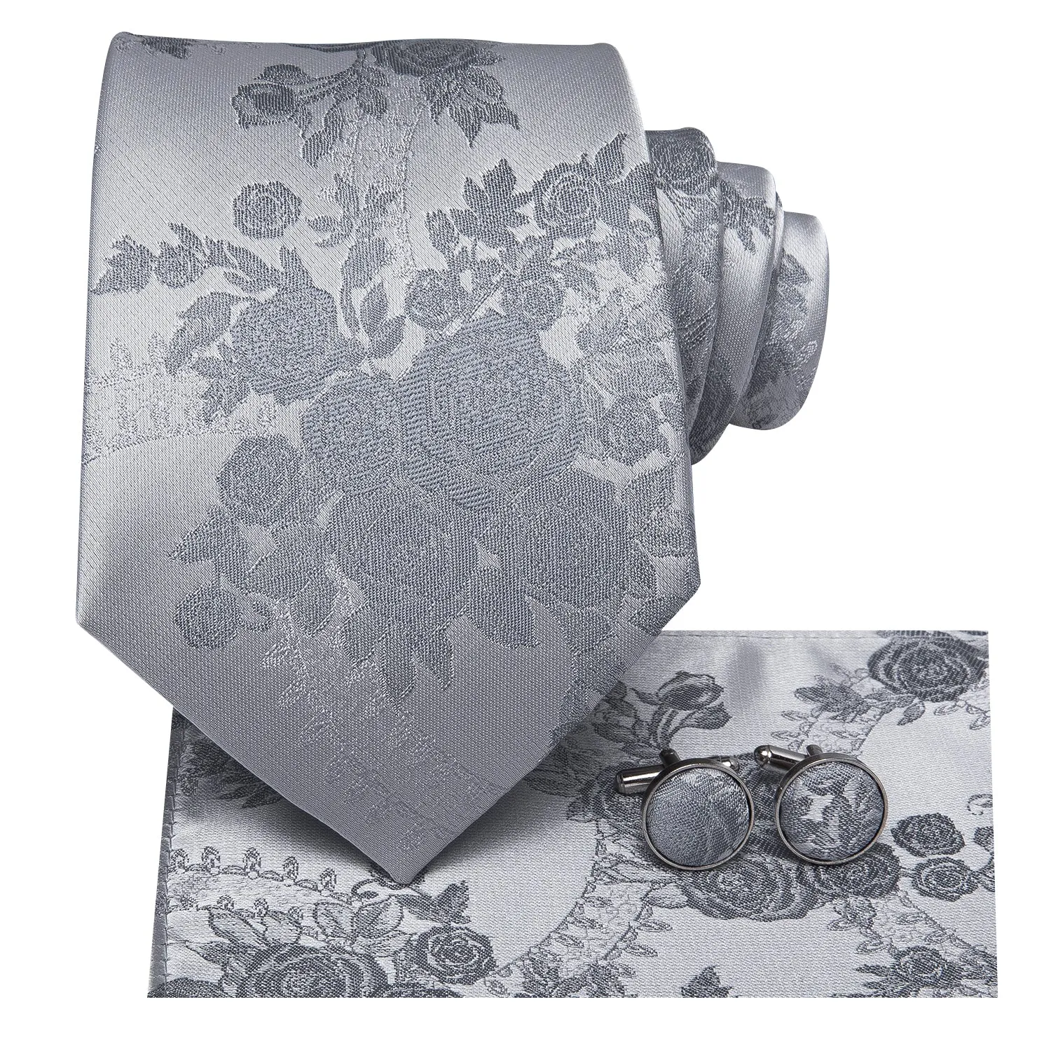 Hi-Tie Silver Grey Jacquard Rose Floral Tie Pocket Square Cufflink Set