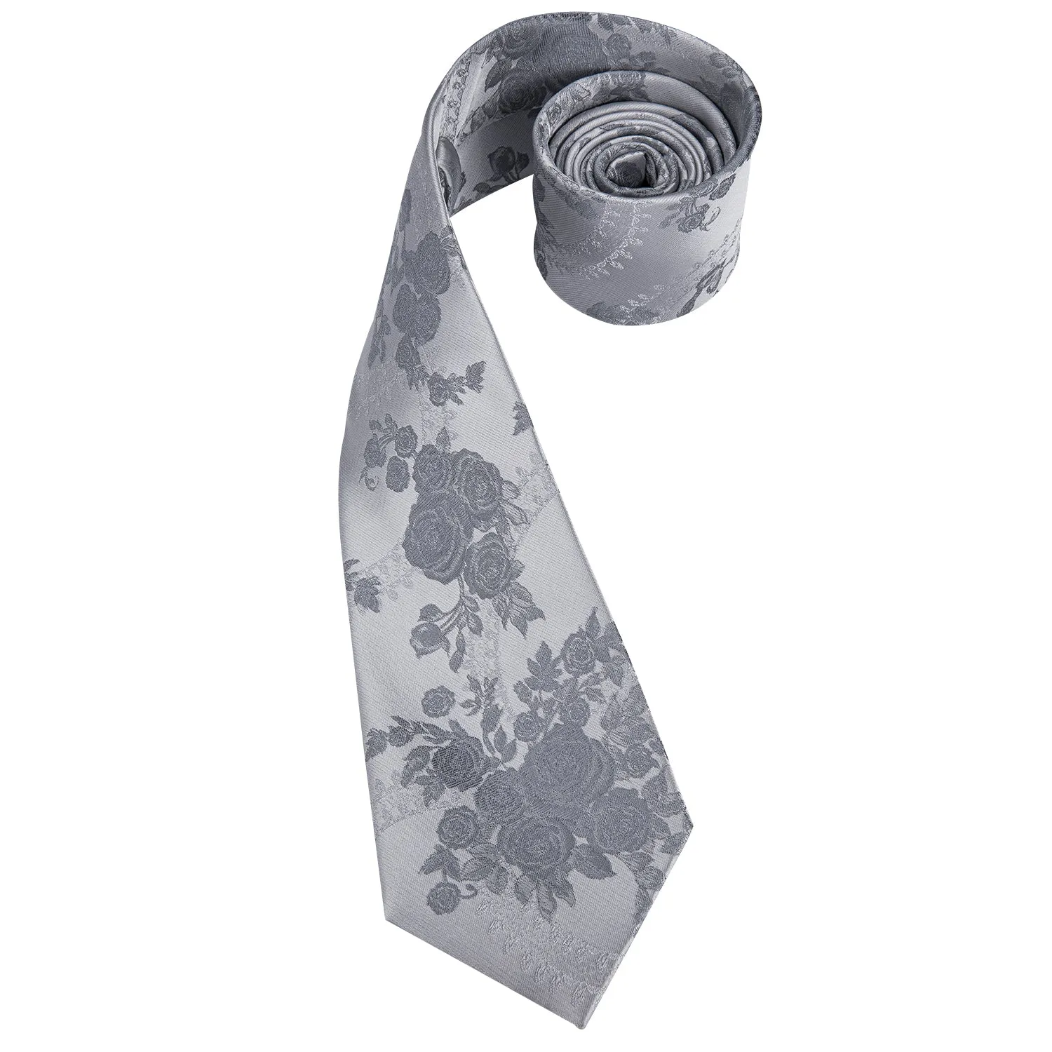 Hi-Tie Silver Grey Jacquard Rose Floral Tie Pocket Square Cufflink Set