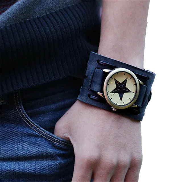 Hot Unique OTOKY Retro Punk Rock Brown Big Wide Leather Bracelet Cuff Men Watch Cool Drop Shipping F15