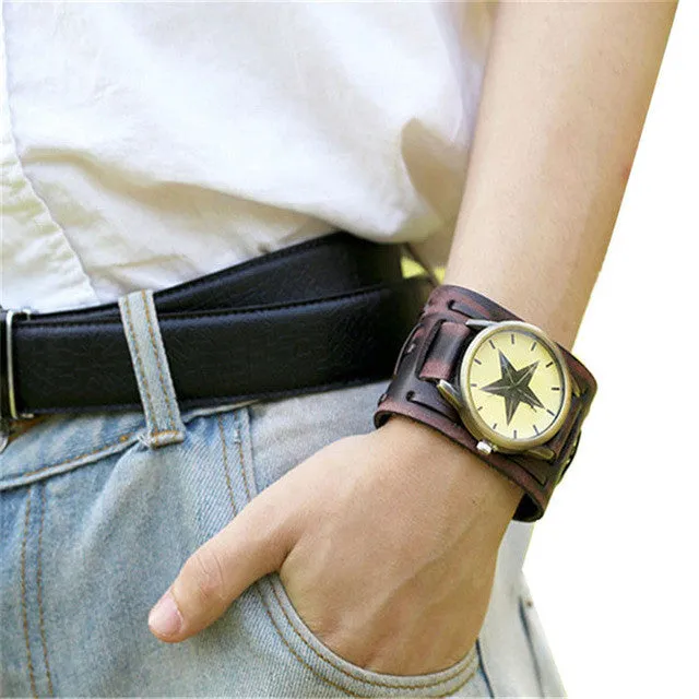 Hot Unique OTOKY Retro Punk Rock Brown Big Wide Leather Bracelet Cuff Men Watch Cool Drop Shipping F15