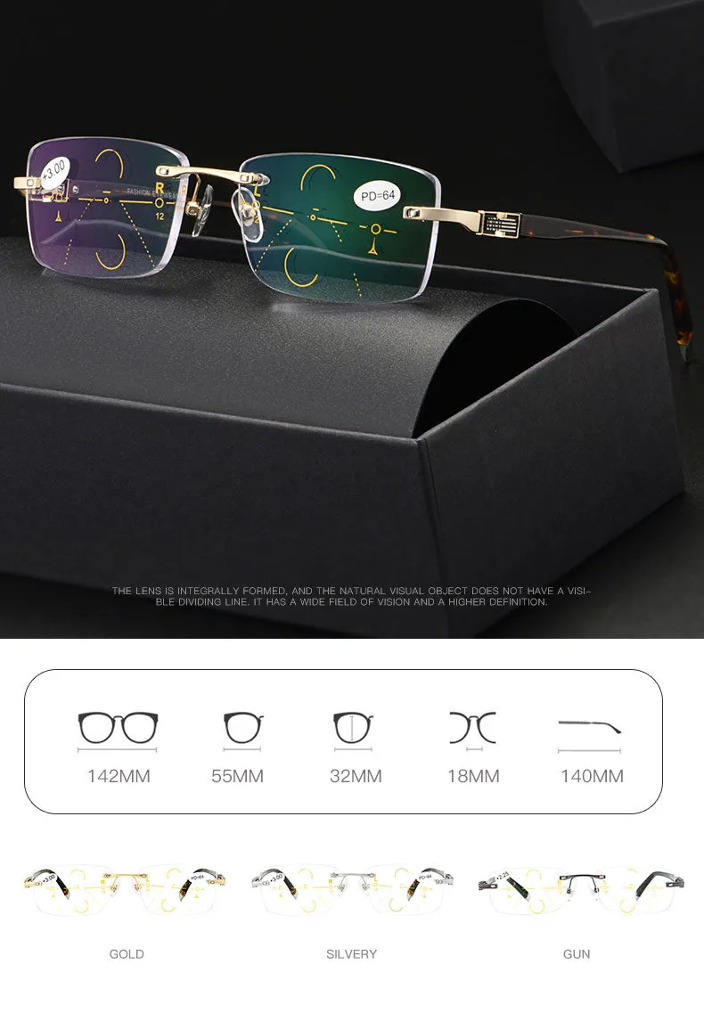 Hotochki Men's Rimless Square Titanium Alloy Progressive Reading Glasses 3255