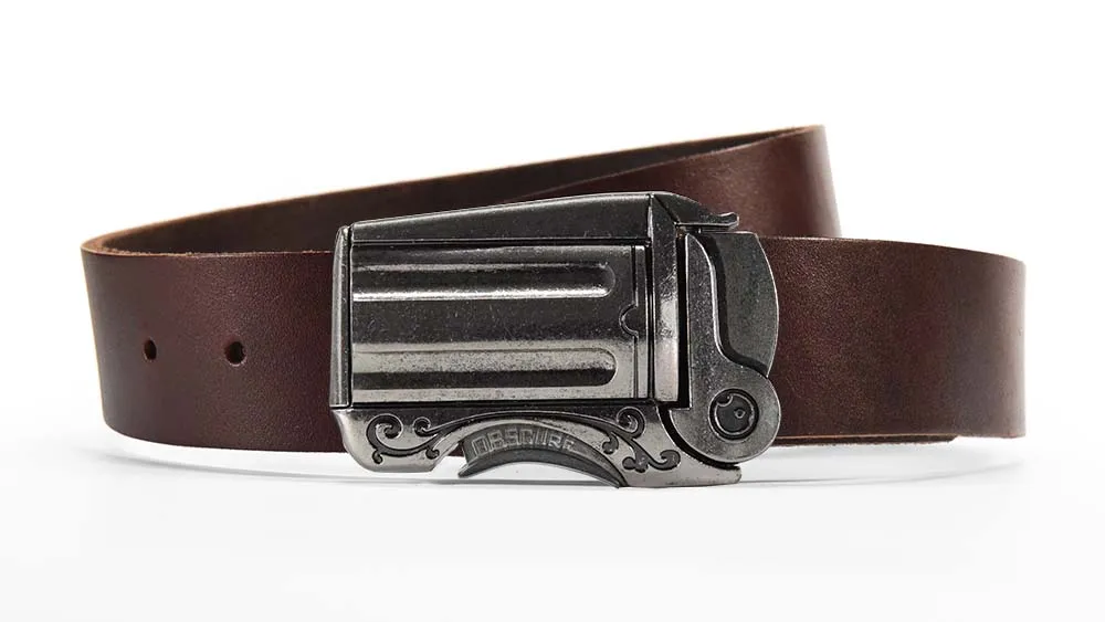 Imperfect Outlaw Gun Buckle on Brown Leather Belt | FINAL SALE