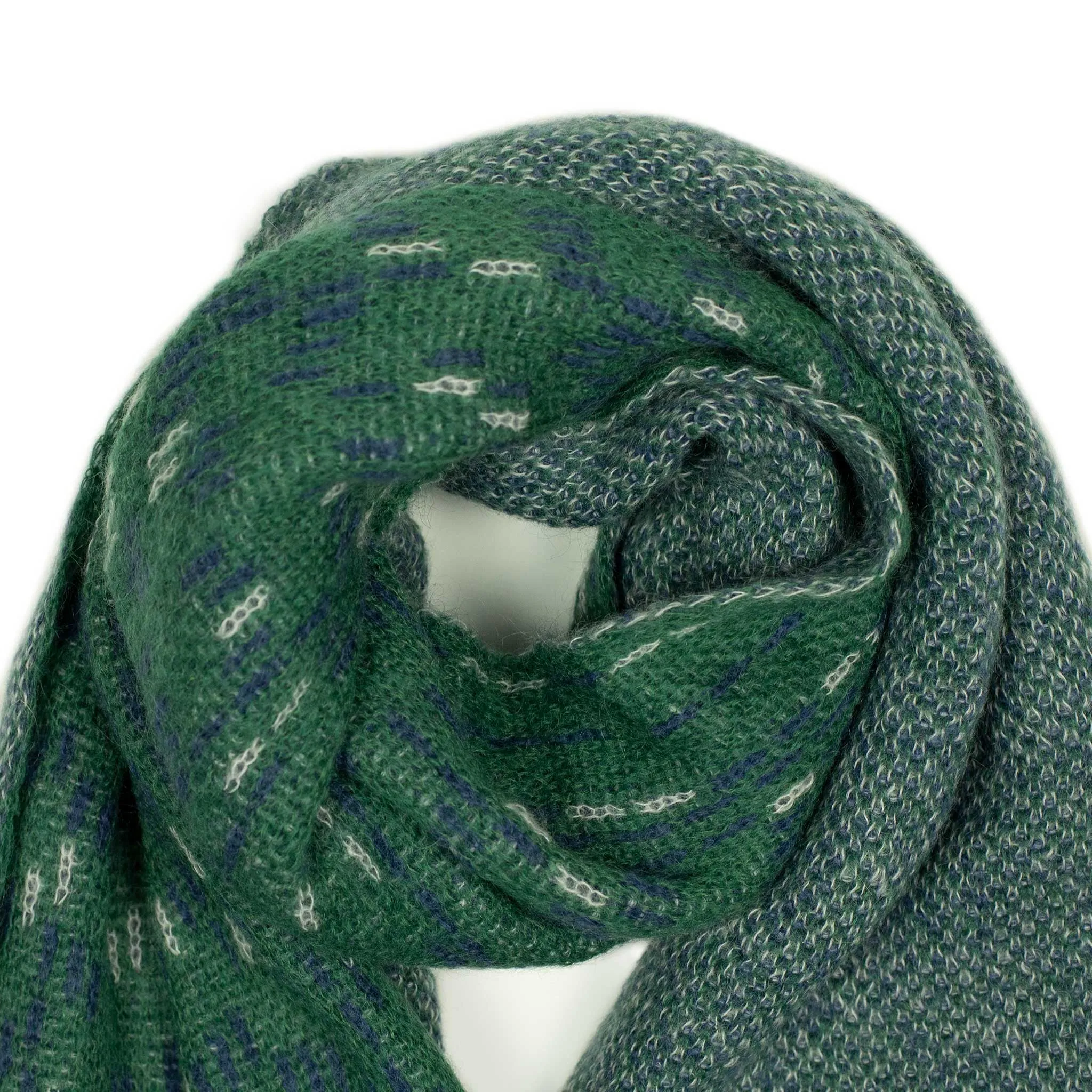 Knit scarf in blue green broken herringbone mohair nylon wool mix