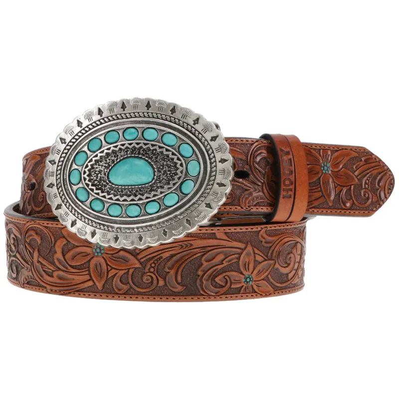 Ladies Hooey "Medina" Classic Belt Brown/Turqoise with Turqoise Rodeo Buckle - HWBLT021