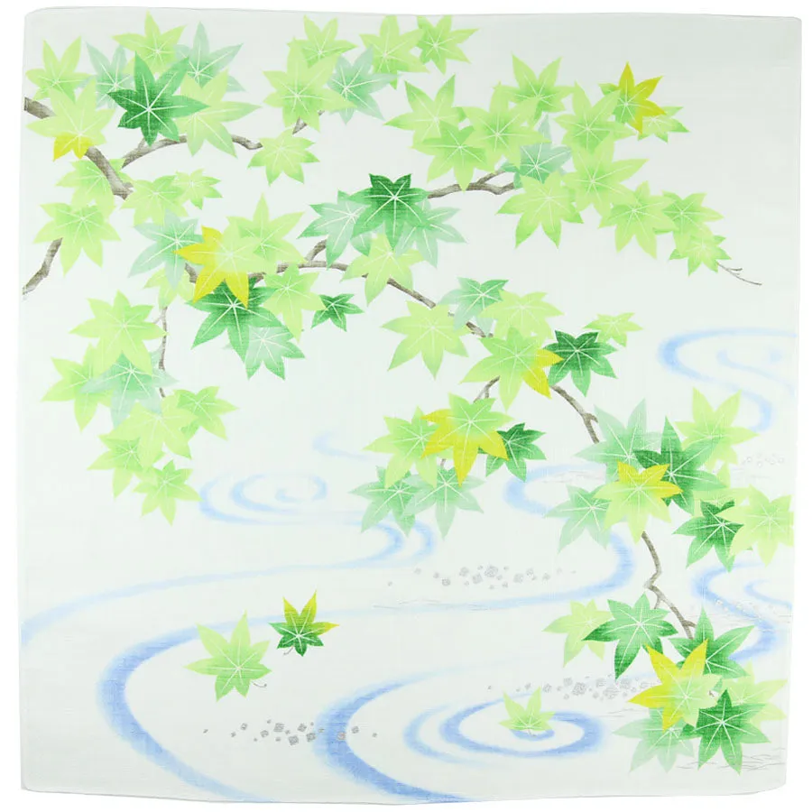 Momiji Leaves Motif Cotton Handkerchief - White / Green