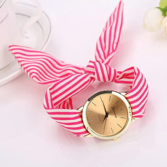 Quartz Stripe Fabric Cloth Bracelet Wristwatch For Women