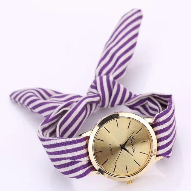 Quartz Stripe Fabric Cloth Bracelet Wristwatch For Women