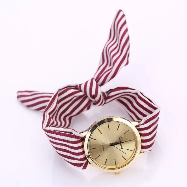 Quartz Stripe Fabric Cloth Bracelet Wristwatch For Women