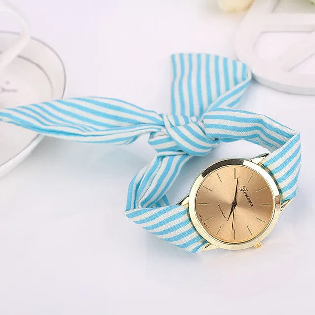 Quartz Stripe Fabric Cloth Bracelet Wristwatch For Women