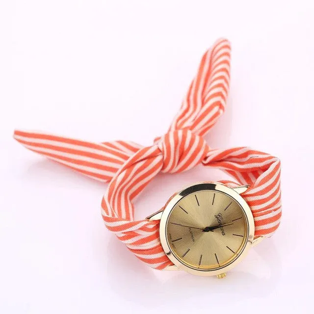 Quartz Stripe Fabric Cloth Bracelet Wristwatch For Women