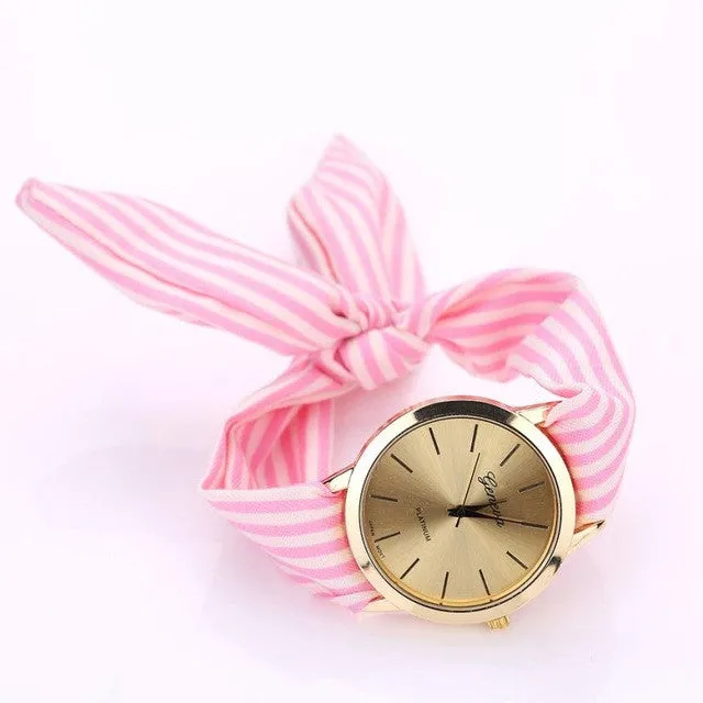 Quartz Stripe Fabric Cloth Bracelet Wristwatch For Women