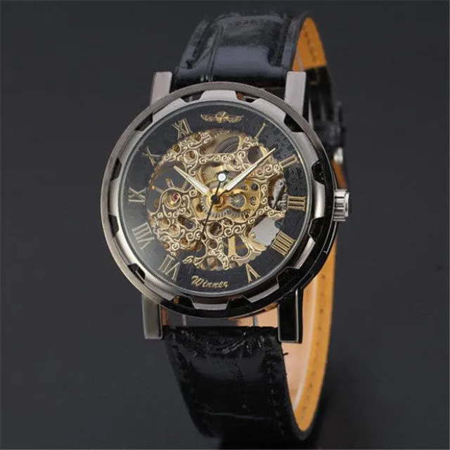 relogio masculino Watuches  Women Classic Men's Black Leather Dial Skeleton Mechanical Sport Army Wrist Watch relogio feminino