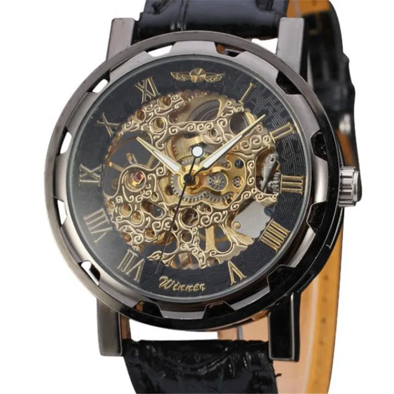 relogio masculino Watuches  Women Classic Men's Black Leather Dial Skeleton Mechanical Sport Army Wrist Watch relogio feminino