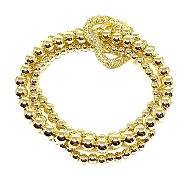 Set of 3 Plated Gold Beaded Bracelets: Pave Round Carabiner: Also in heart shaped (BG3/46RND)