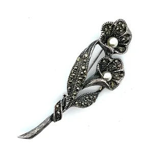 Sterling Silver Marcasite & Faux Pearl Flower Vintage Brooch