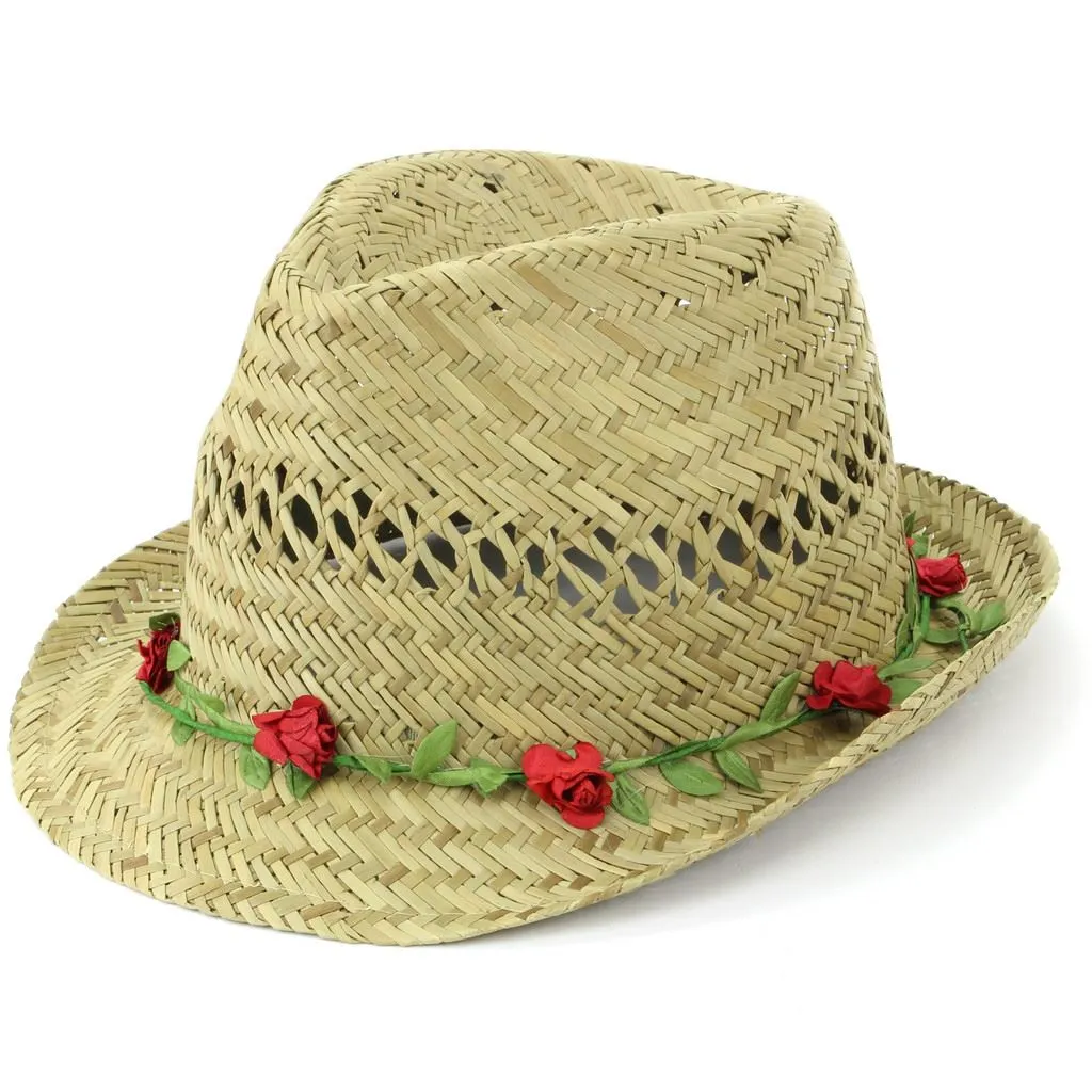 Straw Trilby Fedora Hat with Flower Garland Band