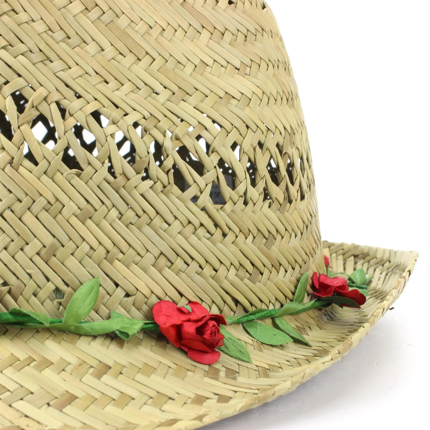 Straw Trilby Fedora Hat with Flower Garland Band