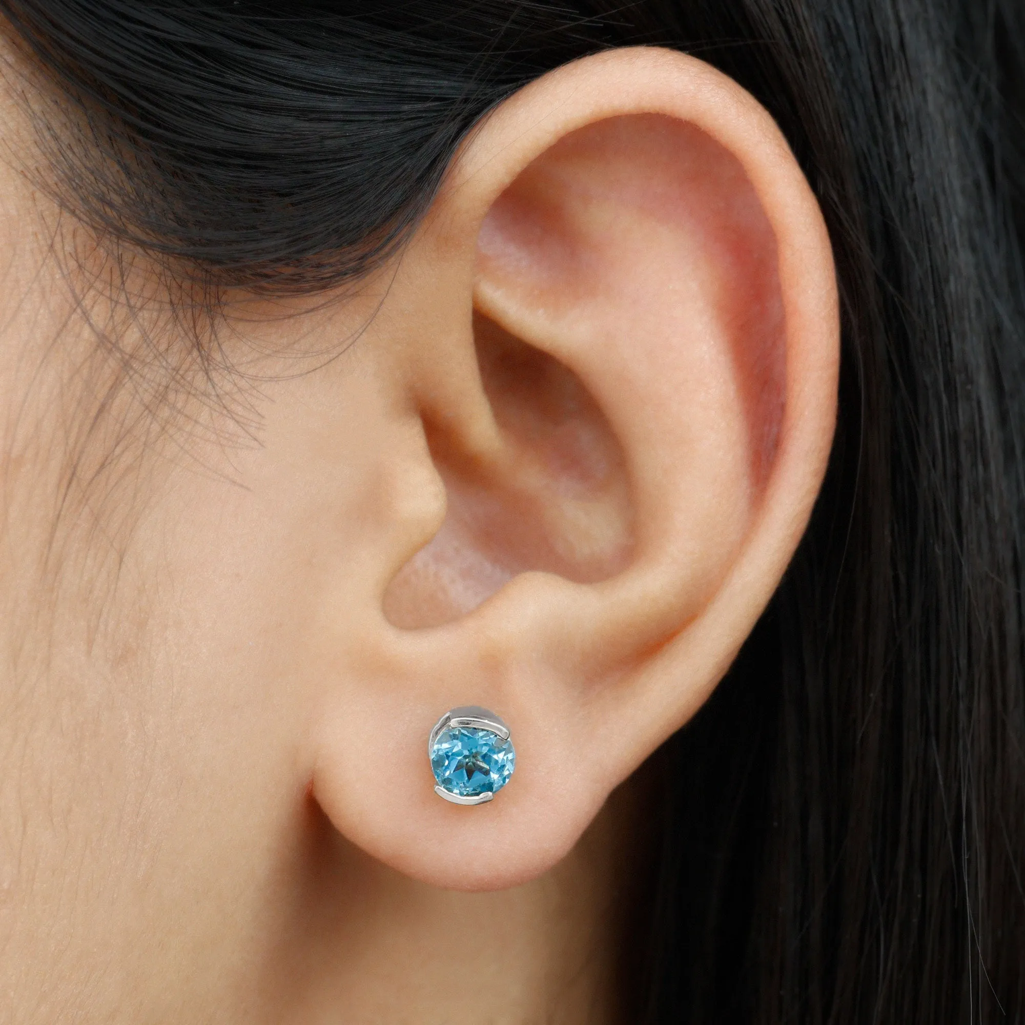 Swiss Blue Topaz Solitaire Stud Earrings in Half Bezel Setting