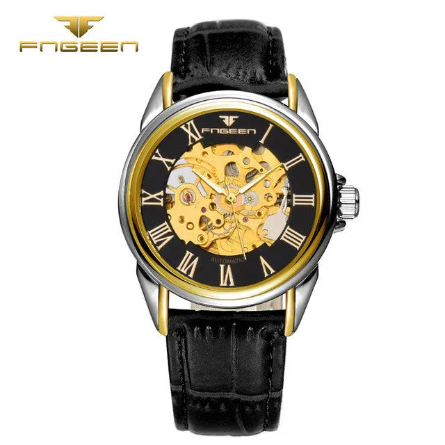 Top Brand FNGEEN Men's Wrist Watches Automatic Mechanical Watches Noctilucent Roman Numerals Skeleton Dial