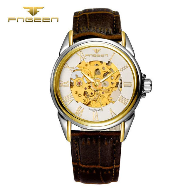 Top Brand FNGEEN Men's Wrist Watches Automatic Mechanical Watches Noctilucent Roman Numerals Skeleton Dial