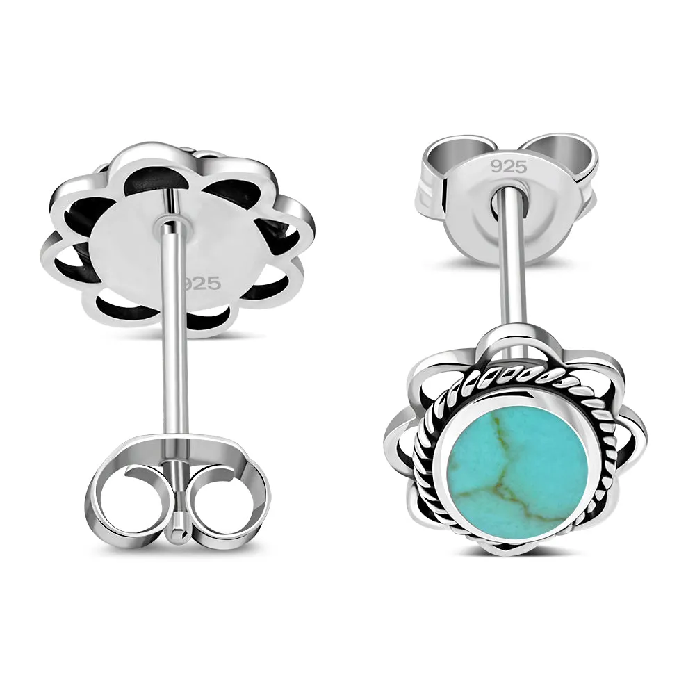 Turquoise Oval Braided Edge Silver Stud Earrings