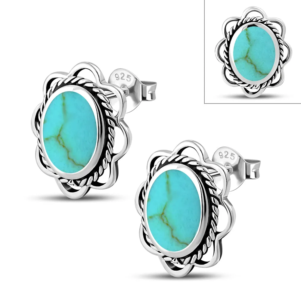 Turquoise Oval Braided Edge Silver Stud Earrings