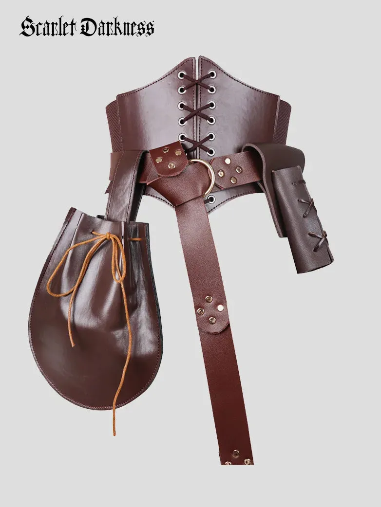 Unisex Renaissance Leather Waist Belts Set with Bag