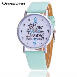 Vansvar Follow Your Dreams Women Quartz Watches Reloj Mujer Relogio Feminino Leather Strap Wristwatch New Dress Watch Clock