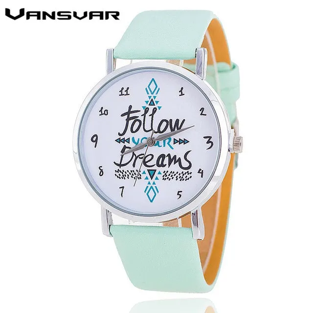 Vansvar Follow Your Dreams Women Quartz Watches Reloj Mujer Relogio Feminino Leather Strap Wristwatch New Dress Watch Clock