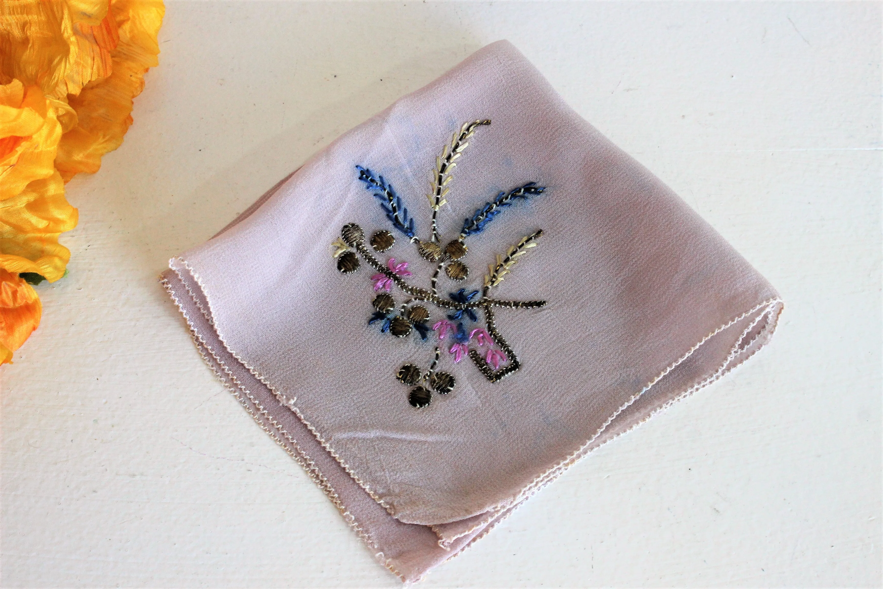 Vintage 1940s 1950s Handkerchief In Lavender Chiffon With Embroidered Flowers