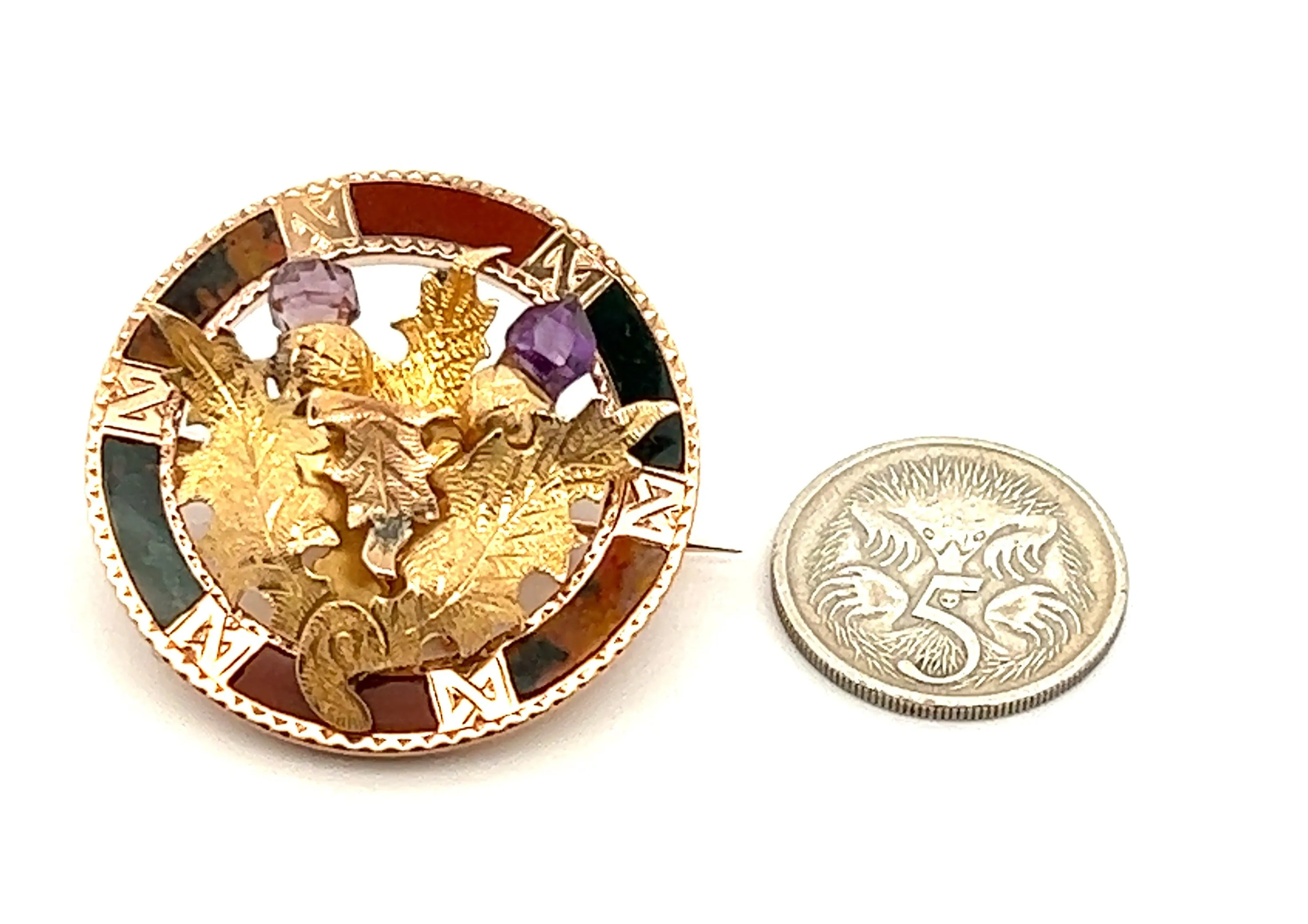 Vintage 9ct Yellow Gold Amethyst, Agate & Jasper Brooch with Leaf Centre