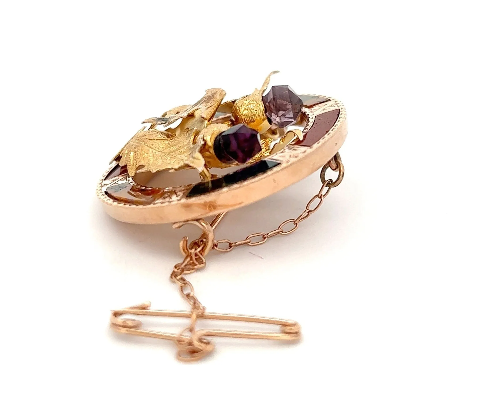 Vintage 9ct Yellow Gold Amethyst, Agate & Jasper Brooch with Leaf Centre