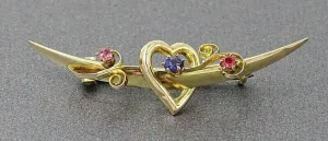 Vintage Blue & Red Paste 9ct Yellow Gold Sweetheart Brooch