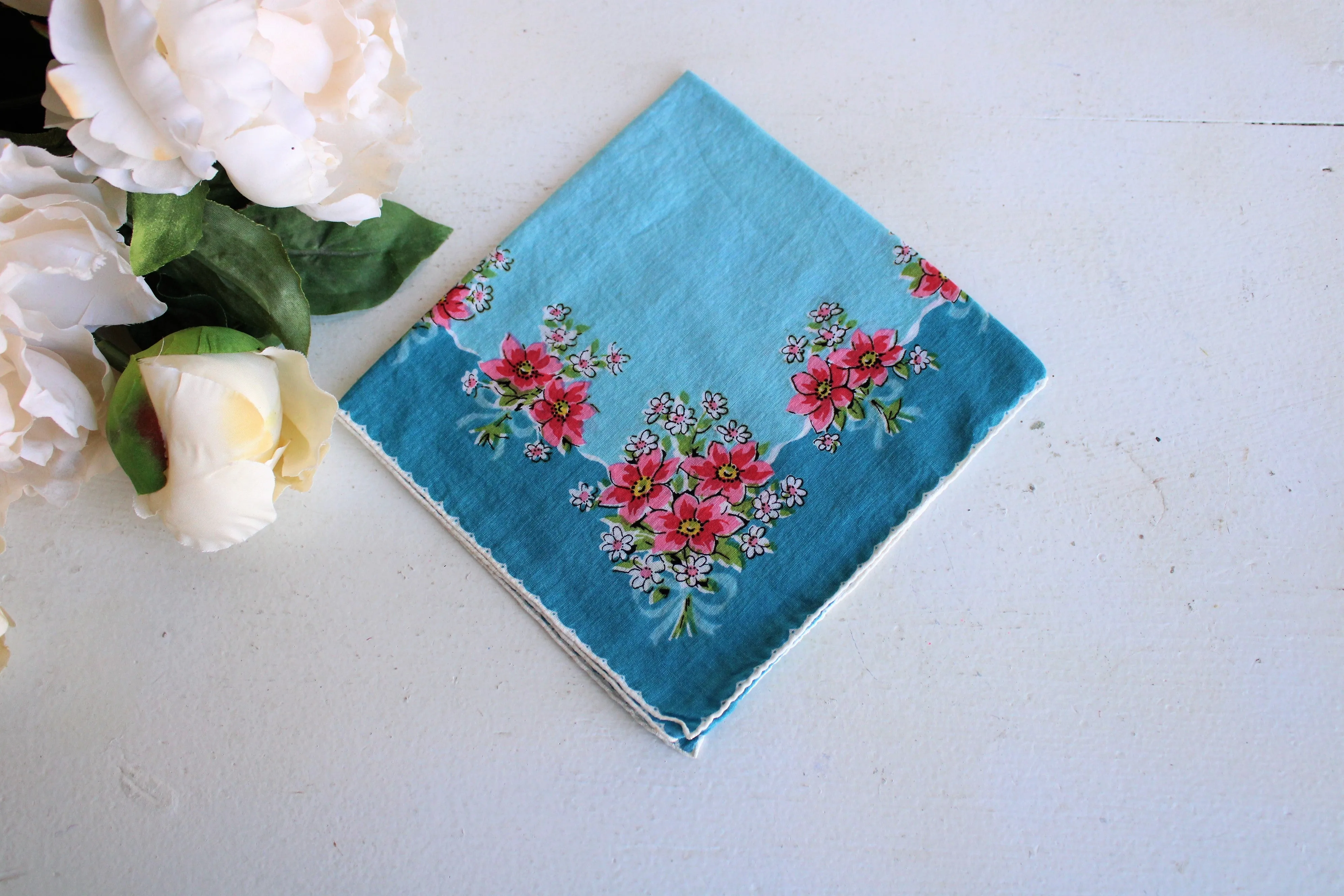 Vintage Blue Hankie with Pink Flowers