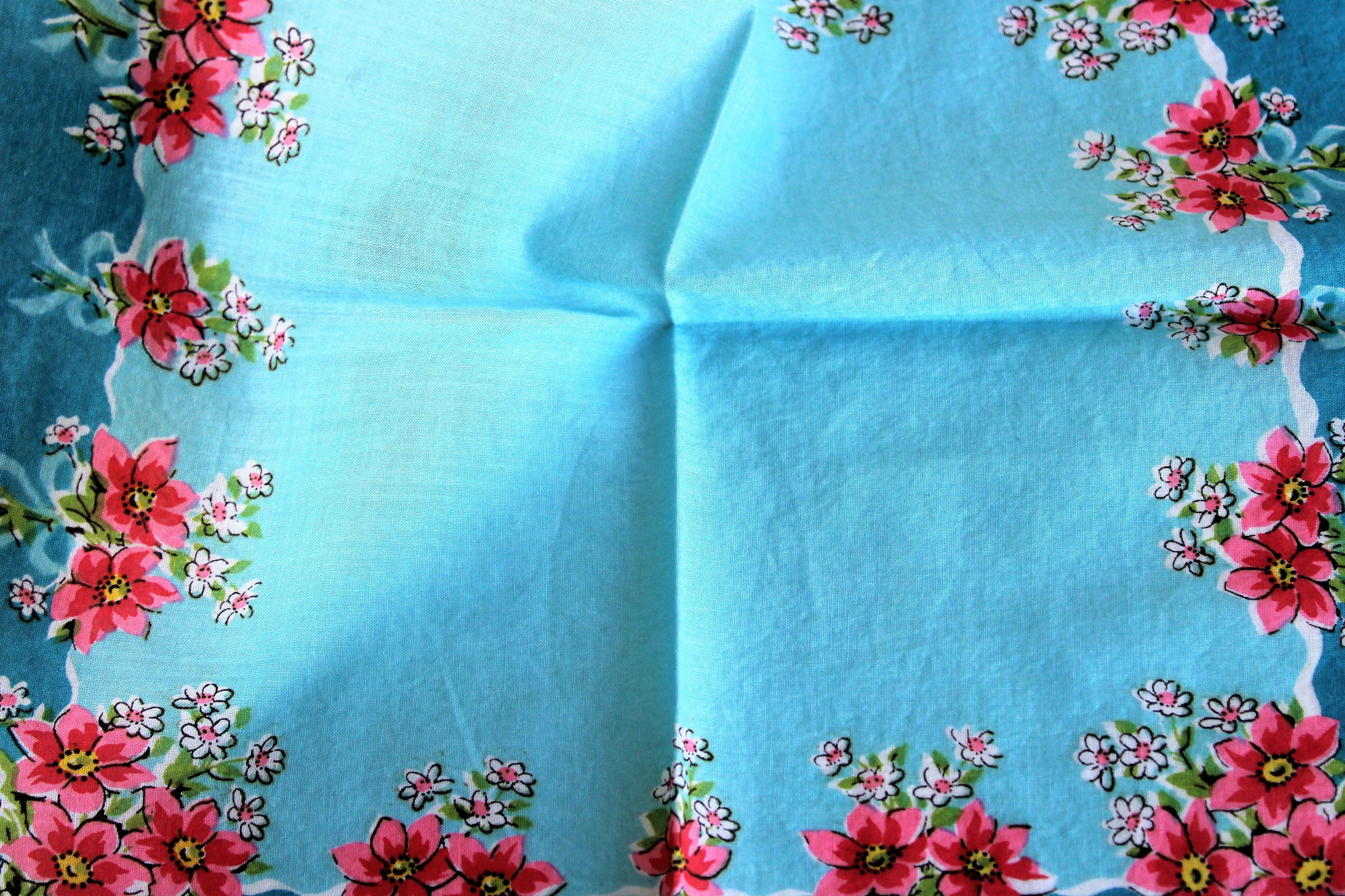 Vintage Blue Hankie with Pink Flowers