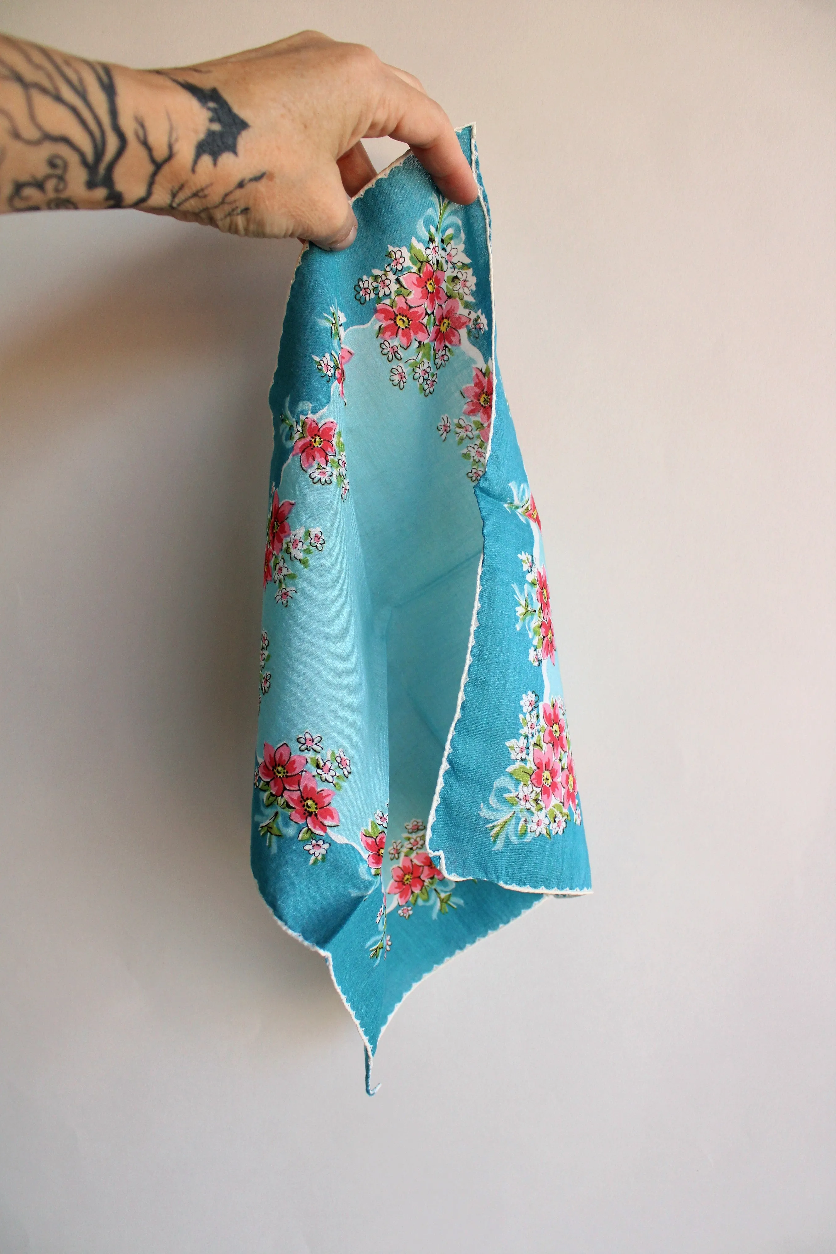 Vintage Blue Hankie with Pink Flowers