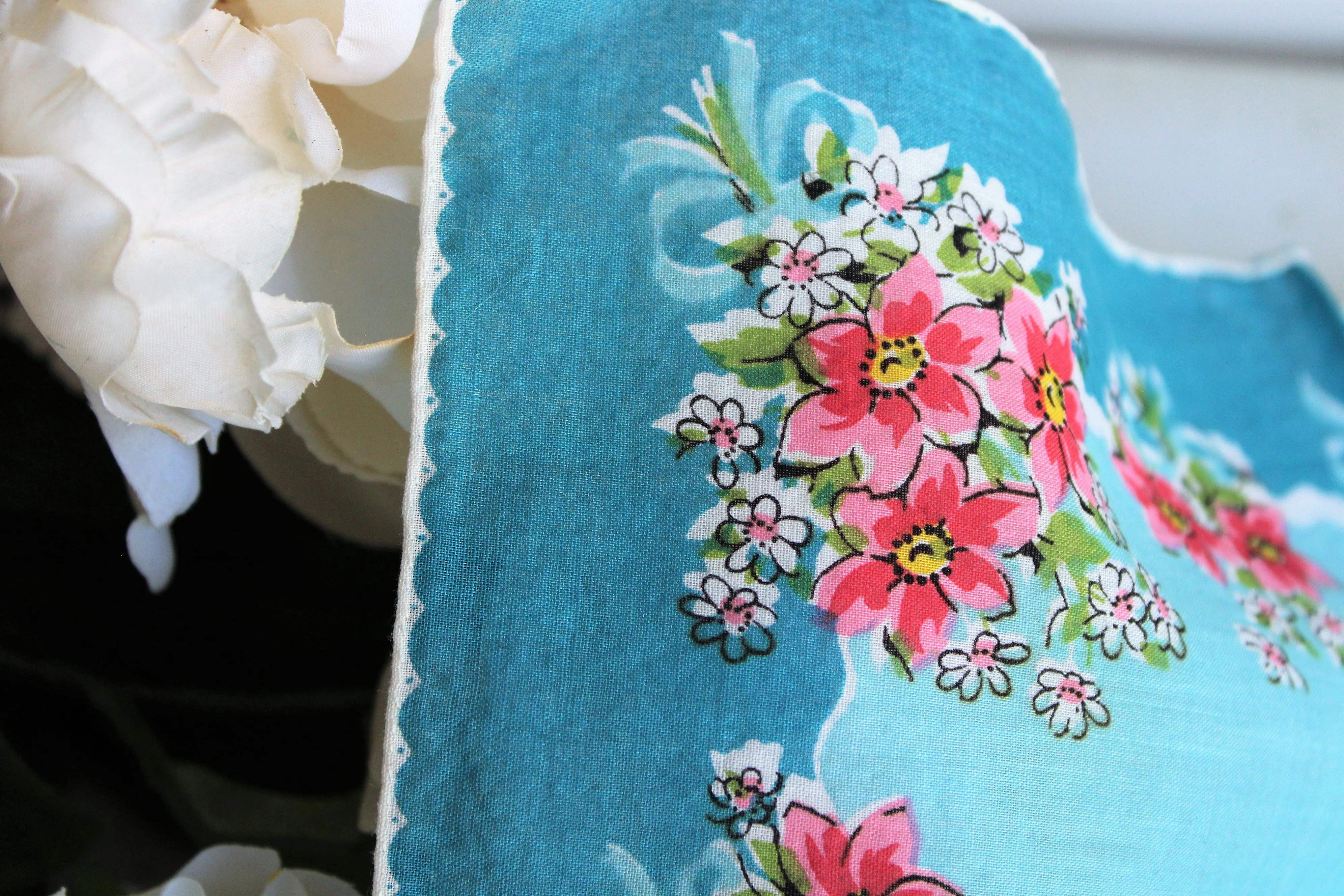 Vintage Blue Hankie with Pink Flowers