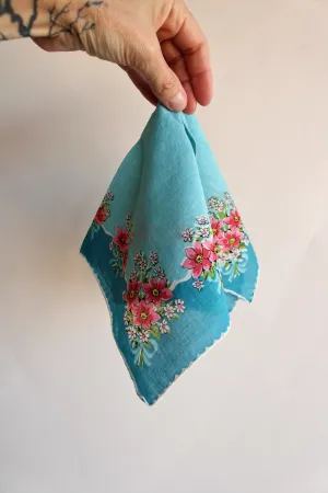 Vintage Blue Hankie with Pink Flowers